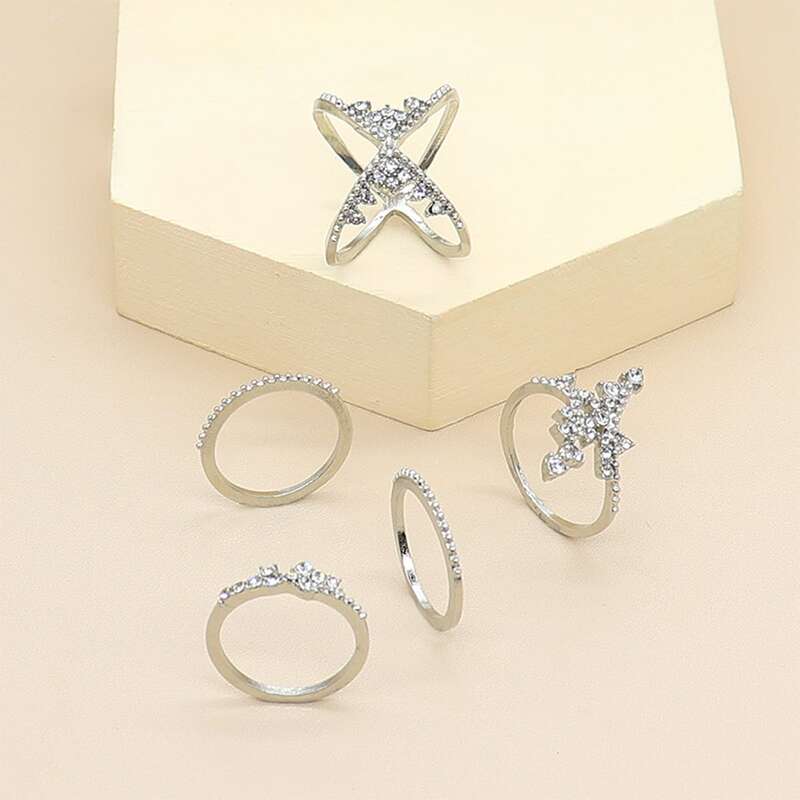 

5pcs Rhinestone Decor Ring, Silver