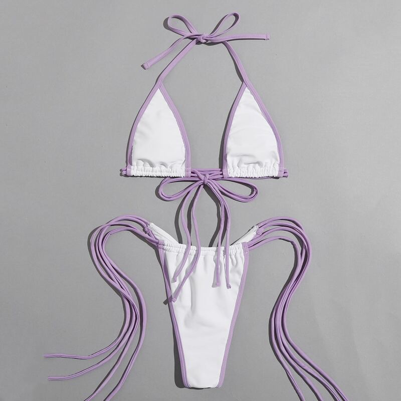 

Contrast Binding Tie Side Bikini Swimsuit, White