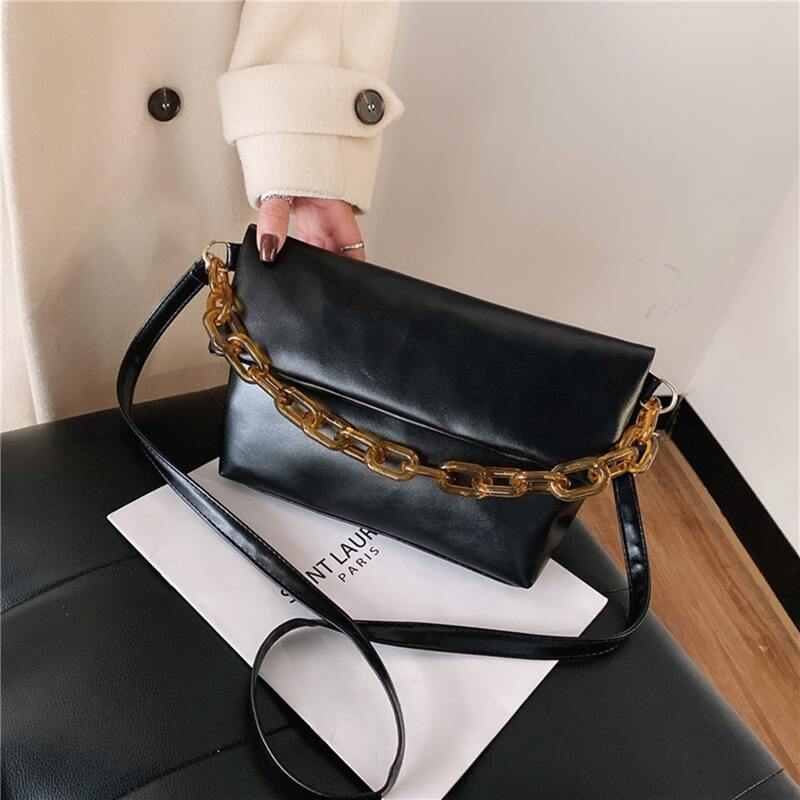 

Solid Chunky Chain Satchel Bag, Black