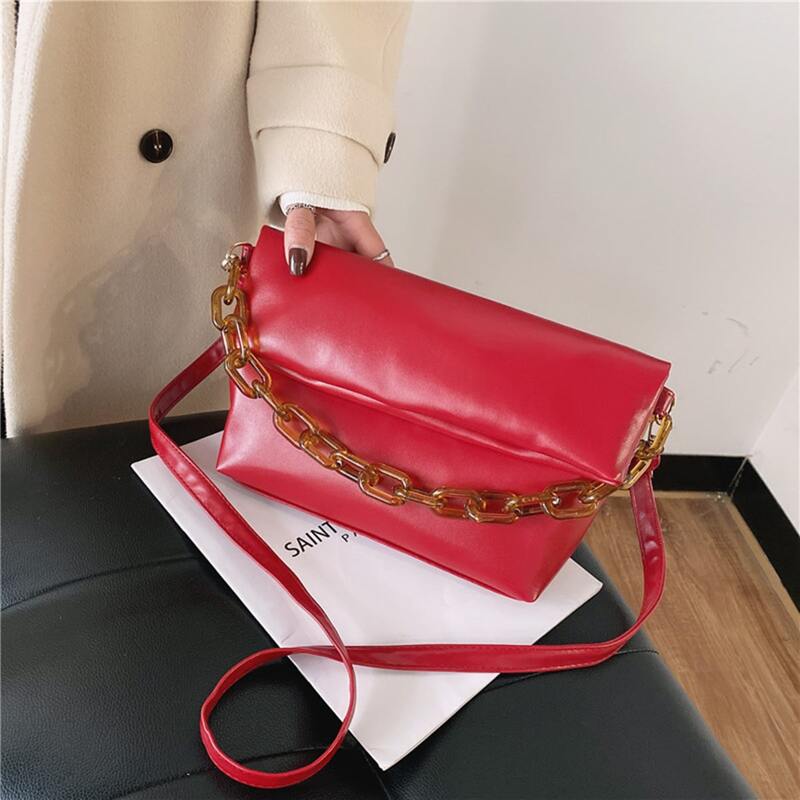 

Solid Chunky Chain Satchel Bag, Rose red