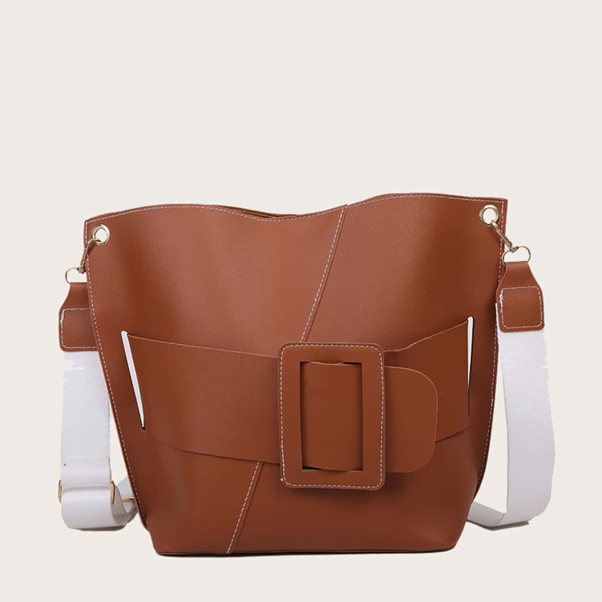 

Buckle Decor Solid Bucket Bag, Brown