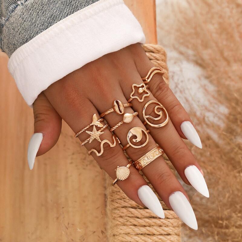 11pcs Shell Decor Ring, Gold