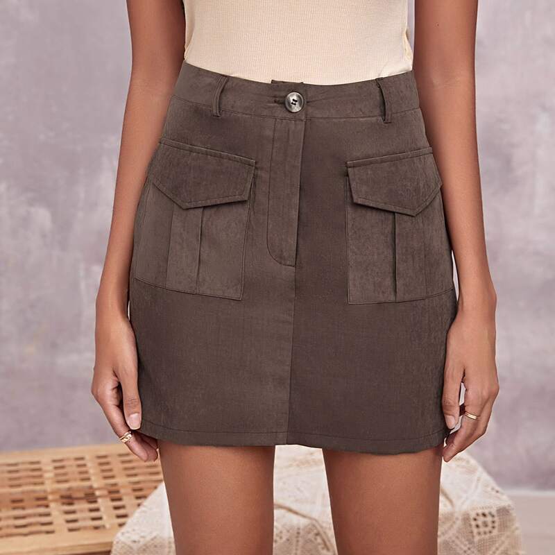 

Flap Pocket Solid Skirt, Mocha brown