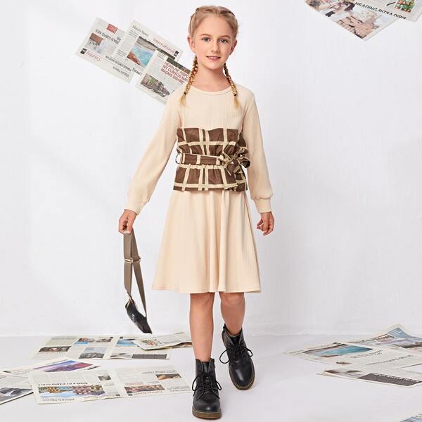 

Girls Contrast Plaid Belted Dress, Apricot