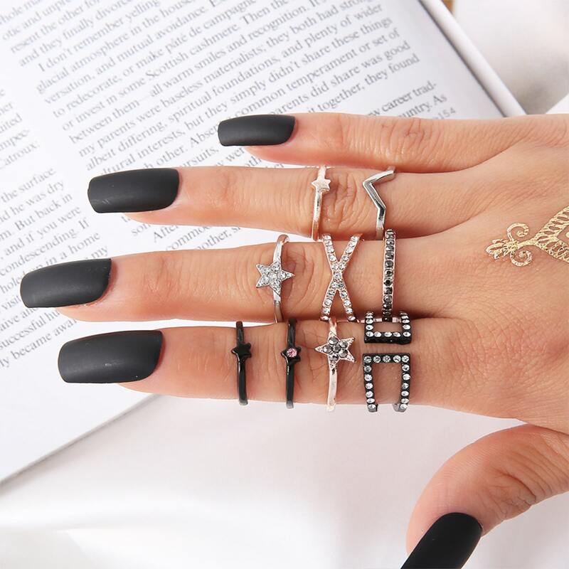 

9pcs Rhinestone Star Ring, Multicolor