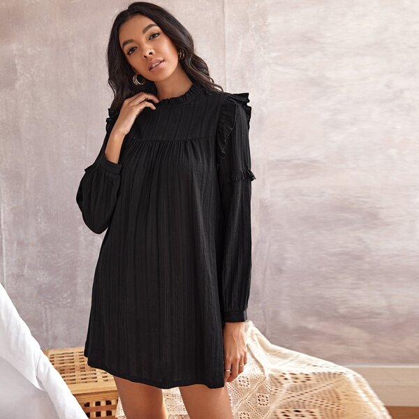 

Frilled Neck Ruffle Trim Smock Dress, Black