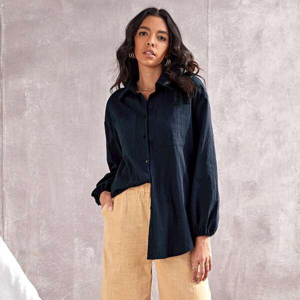 

Single Breasted Flap Pocket Blouse, Navy blue