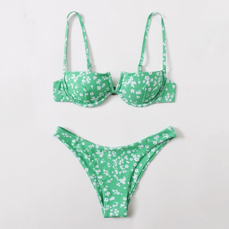 

Ditsy Floral V Wired High Cut Bikini Swimsuit, Green