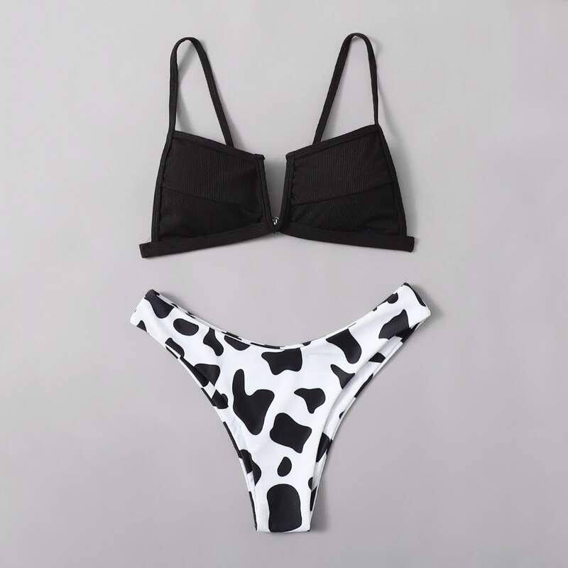 

Cow Print V-Wired Bikini Swimsuit, Black and white