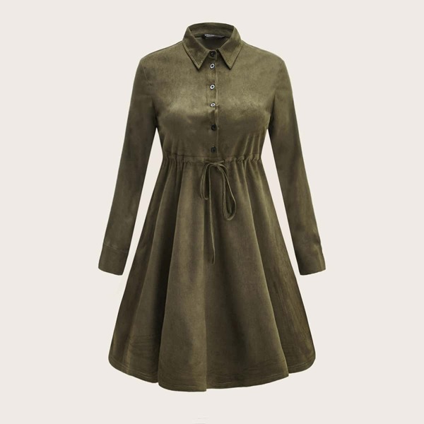 

Plus Solid Drawstring Waist Half Button Dress, Army green