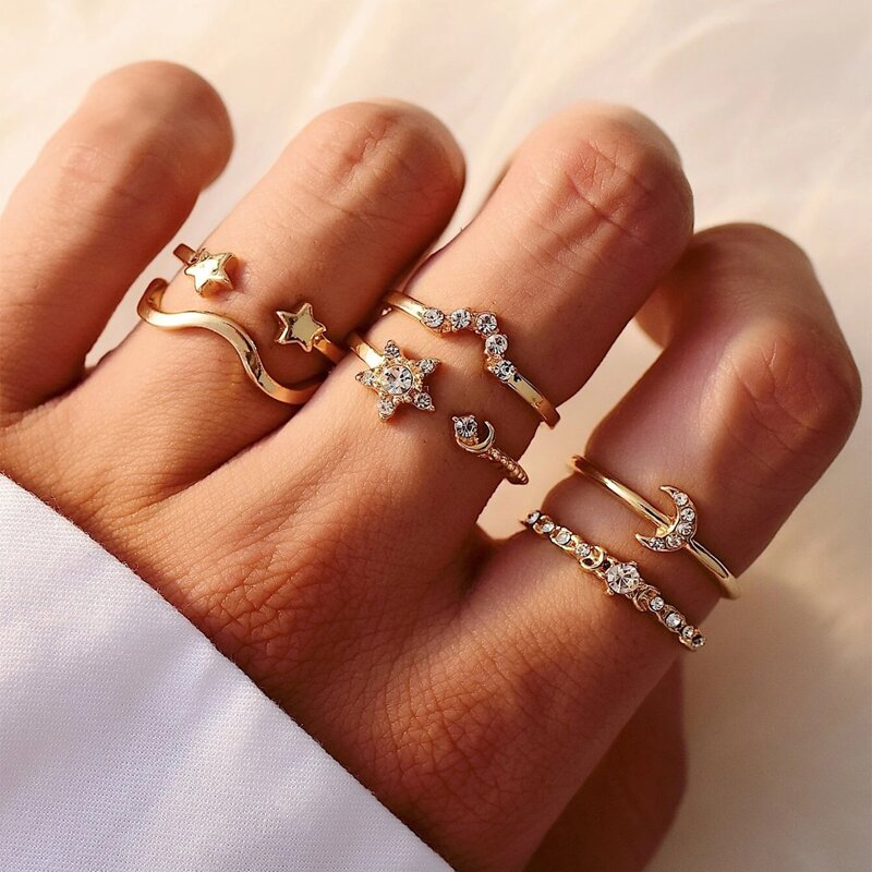 

6pcs Rhinestone Star Ring, Gold