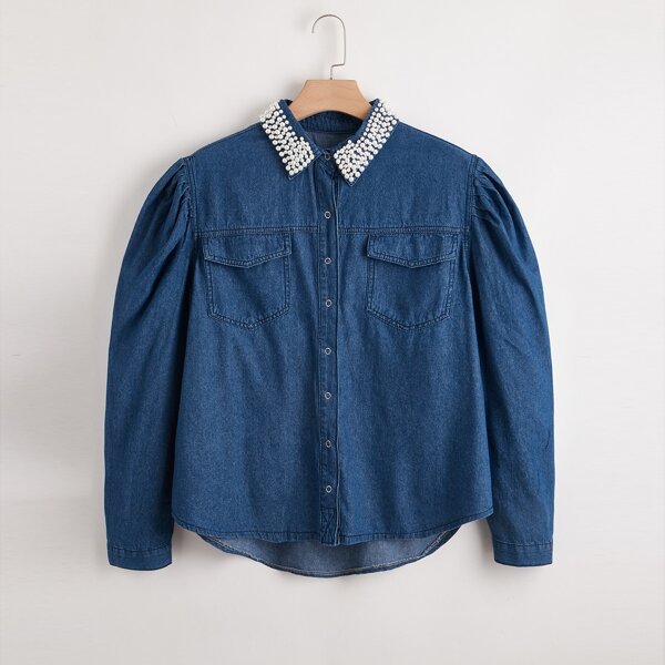 

Plus Button Front Pearls Beaded Denim Jacket, Medium wash