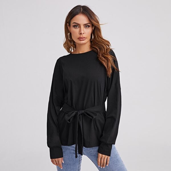 

Solid Tie Front Drop Shoulder Tee, Black