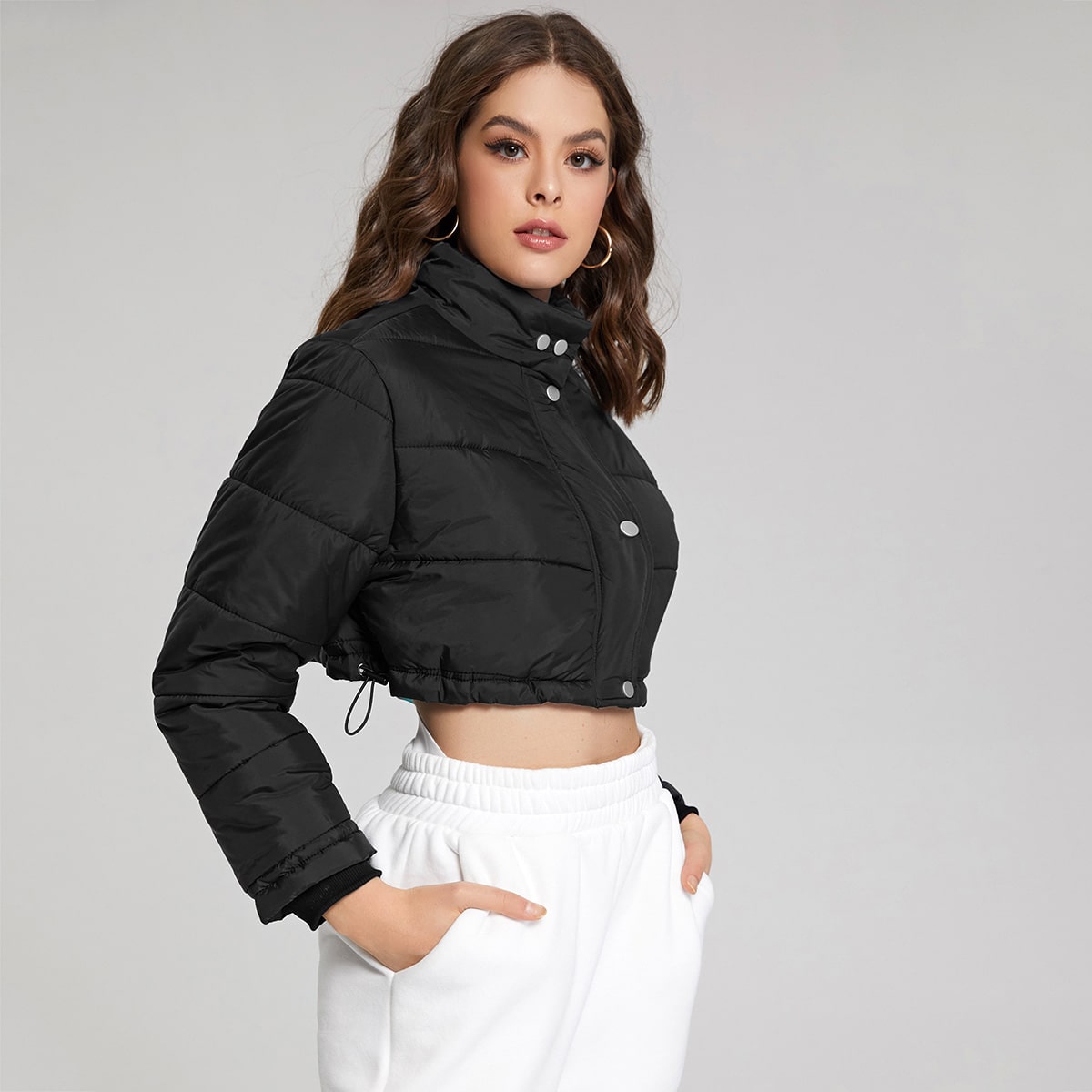 Image of Button Up Drawstring Crop Puffer Jacket
