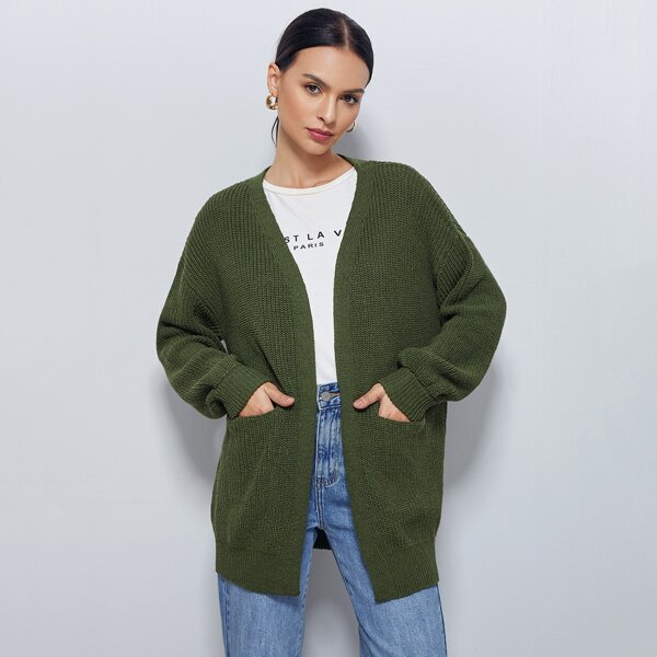

Ribbed Knit Drop Shoulder Dual Pockets Cardigan, Army green