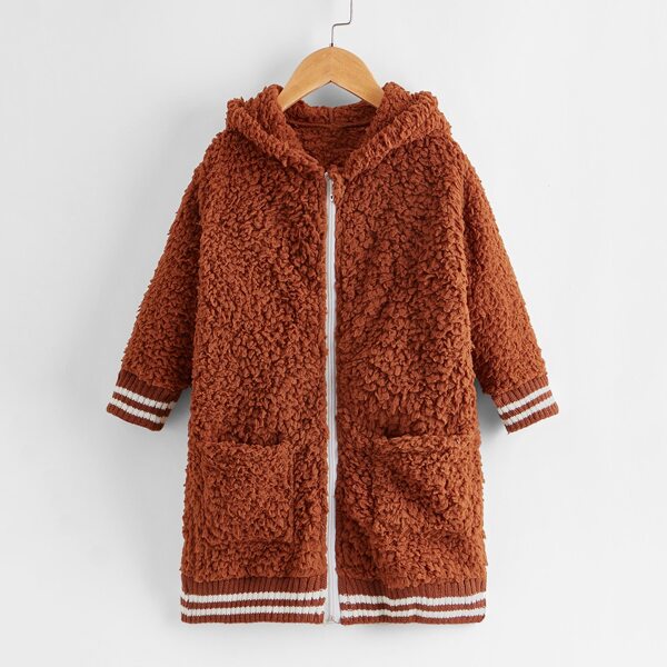 

Toddler Girls Contrast Trim Hooded Teddy Jacket, Rust brown