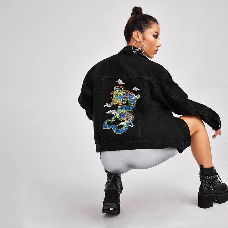 

Chinese Dragon Embroidery Denim Jacket, Black