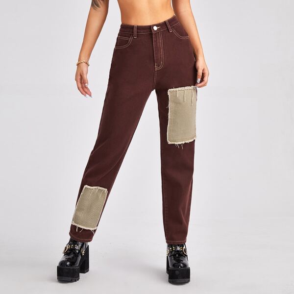 

Bleach Wash Ripped Spliced Jeans, Chocolate brown