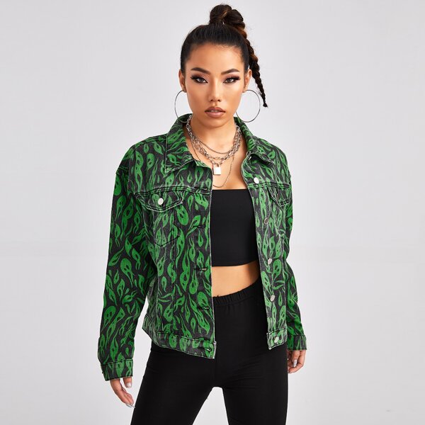 

Flap Pocket Halloween Print Denim Jacket, Multicolor