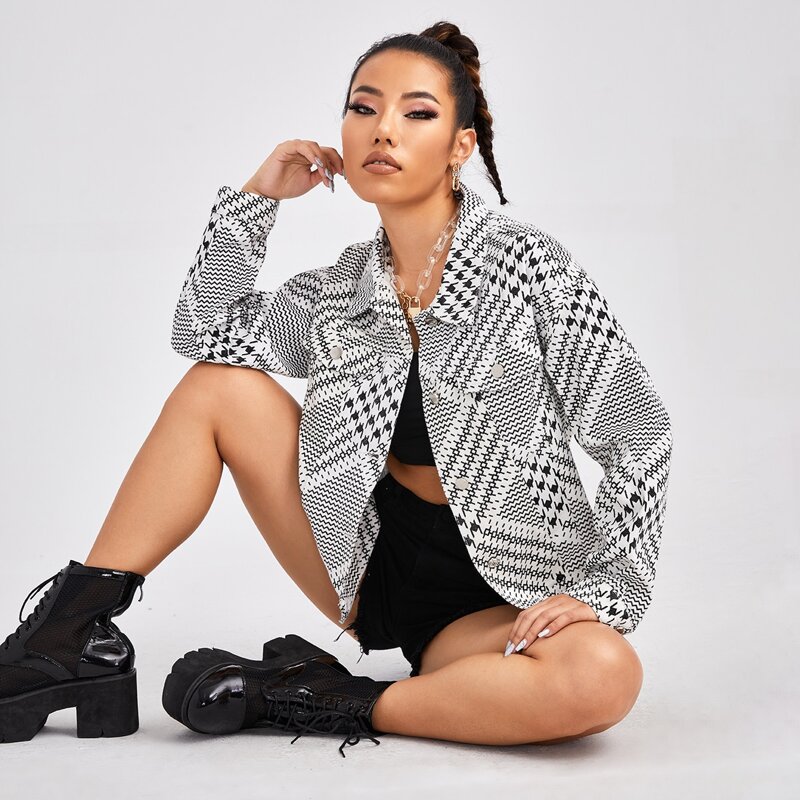 

Flap Pocket Geo Print Denim Jacket, Black and white
