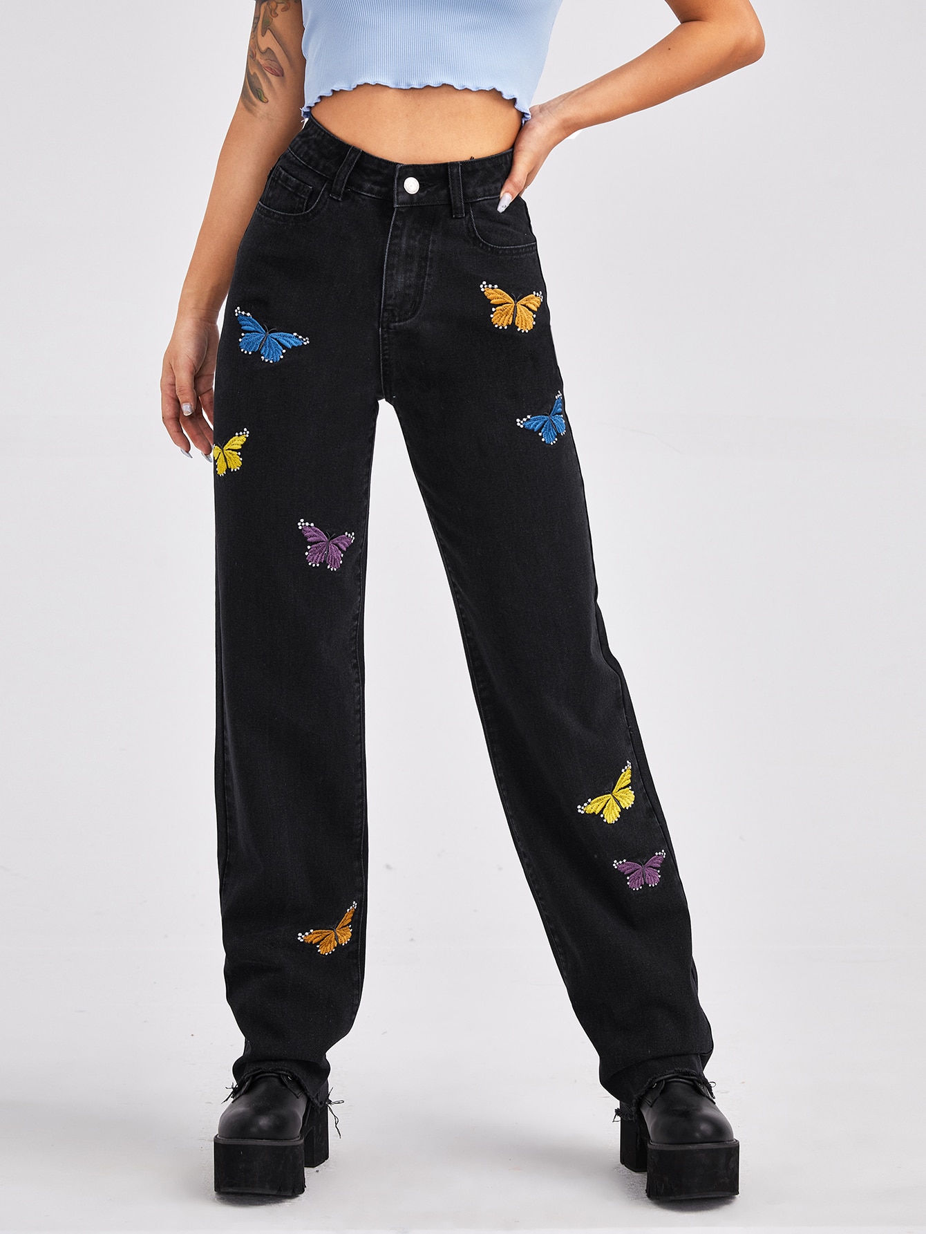 High Waisted Butterfly Embroidery Straight Leg Jeans thumbnail