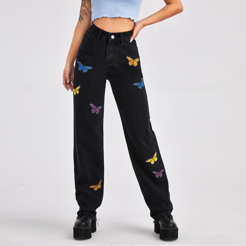 

High Waisted Butterfly Embroidery Straight Leg Jeans, Black
