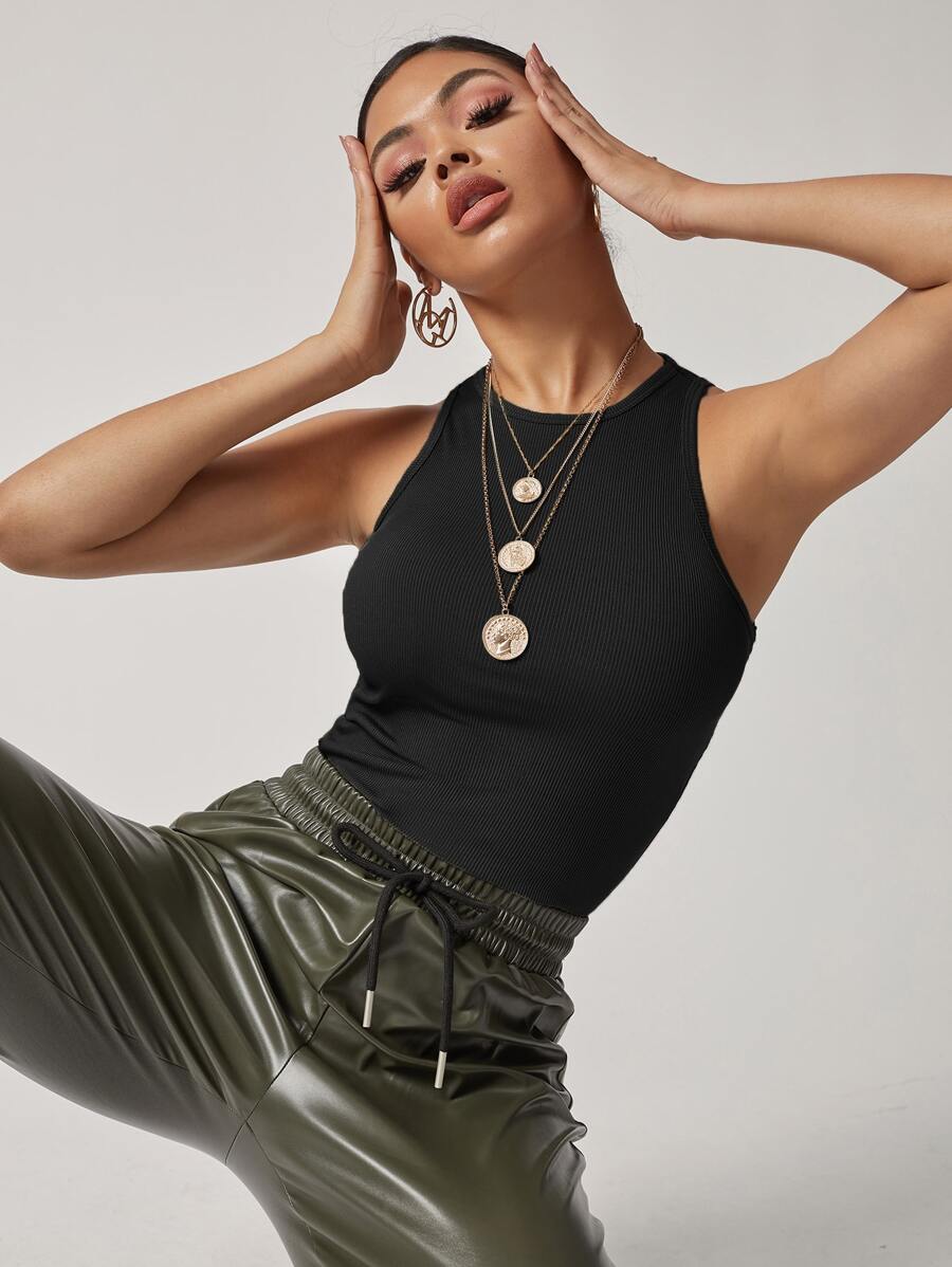 SHEIN BAE 素色合身短版背心上衣 - 黑色 - 查看 1