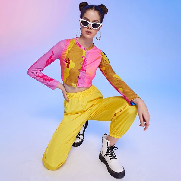 

Button Placket Colorblock Crop Top, Multicolor