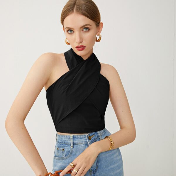 

Cross Wrap Halterneck Tie Back Top, Black