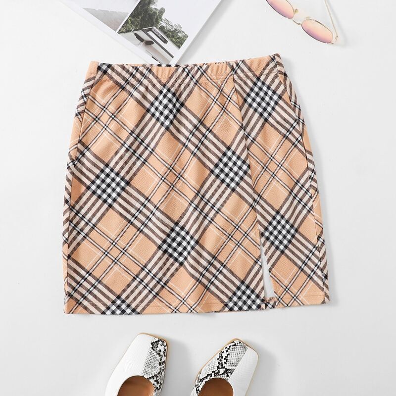 

Split Hem Plaid Skirt, Multicolor