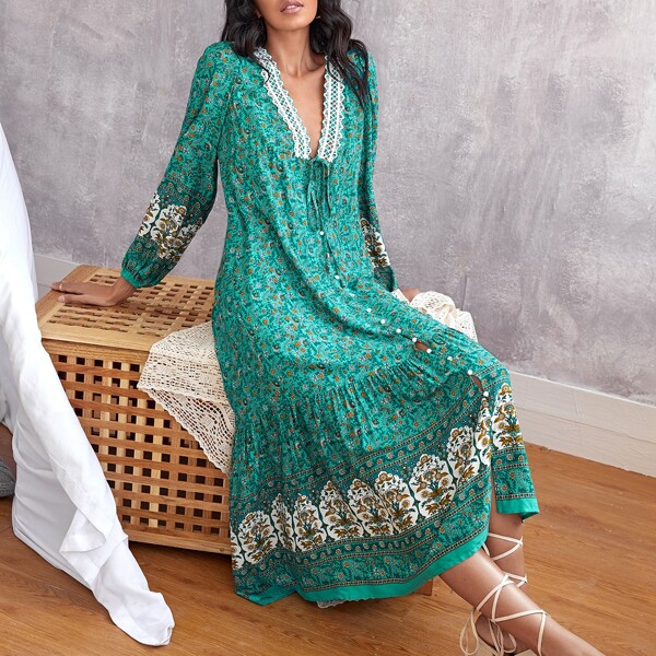 

Guipure Lace Trim Button Front Ditsy Floral Dress, Green