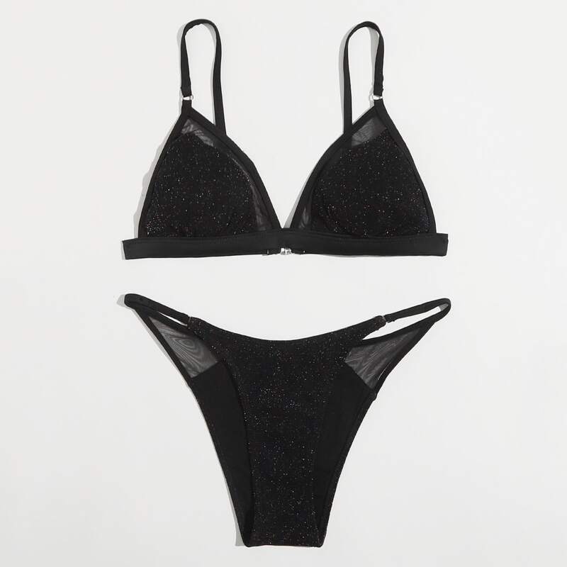 

Glitter Contrast Mesh Bikini Swimsuit, Black