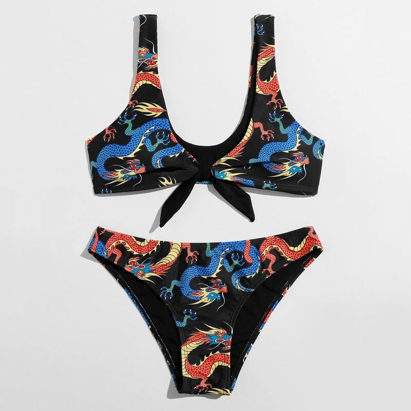 

Dragon Print Knot Front Bikini Swimsuit, Multicolor