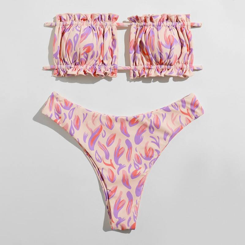 

Allover Print Frill Cut-out Bikini Swimsuit, Multicolor