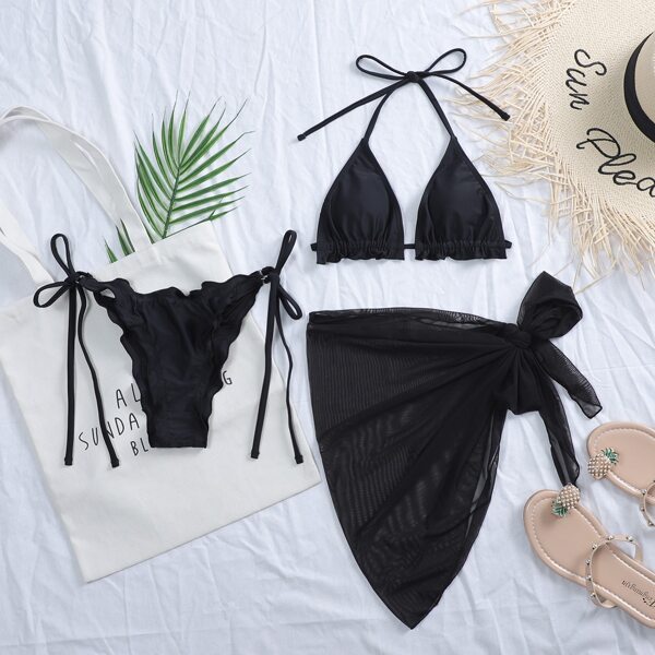 

3pack Triangle Bikini Swimsuit & Mesh Beach Skirt, Black