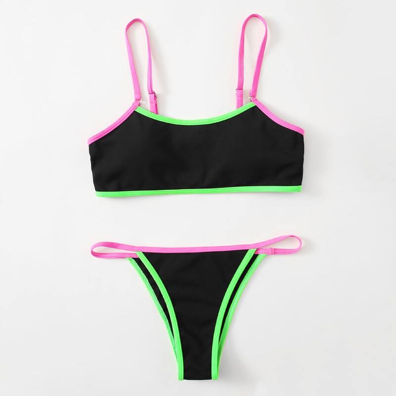 

Contrast Binding Thong Bikini Swimsuit, Multicolor