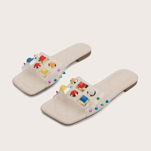 

Color Block Spiked Decor Slide Sandals, Beige