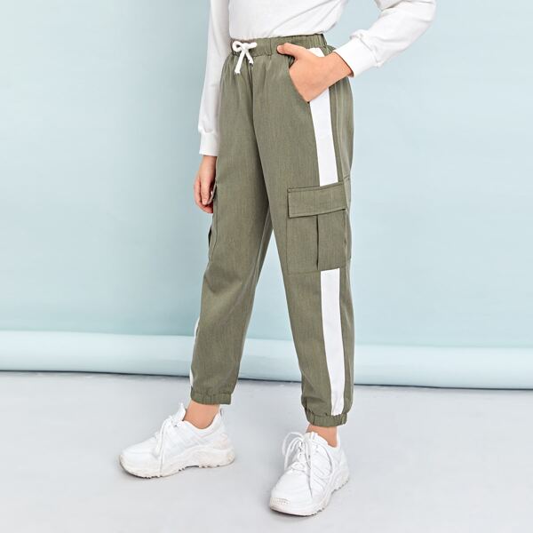 

Boys Drawstring Waist Flap Pocket Contrast Sideseam Pants, Army green