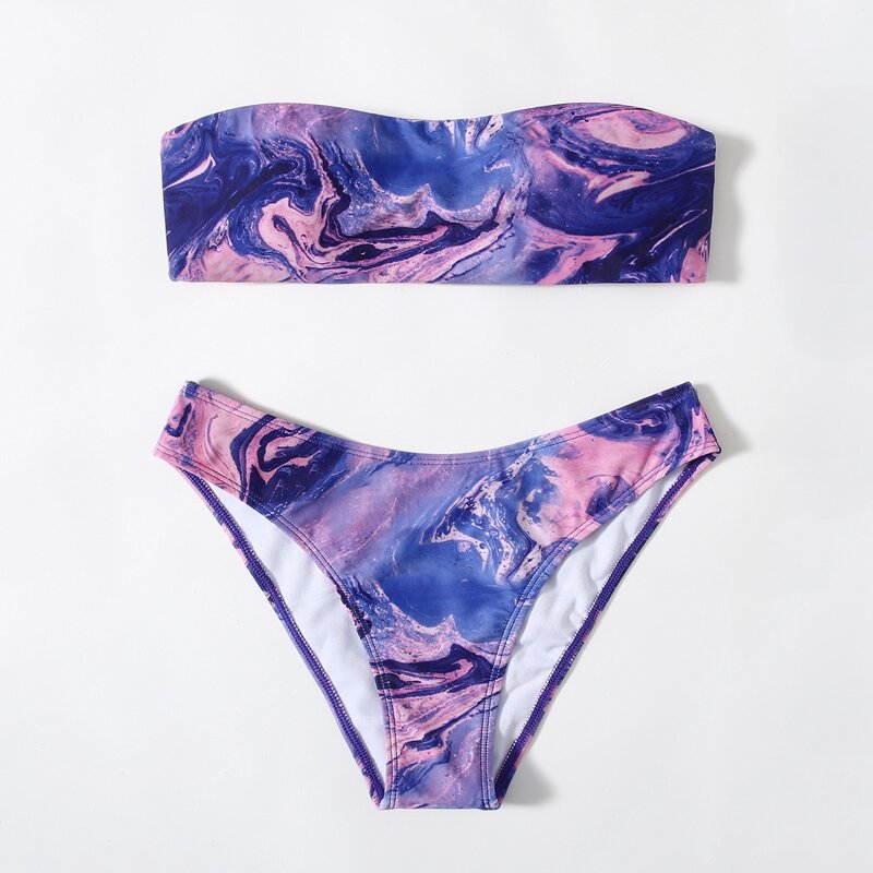 

Marble Pattern Bandeau Bikini Swimsuit, Multicolor