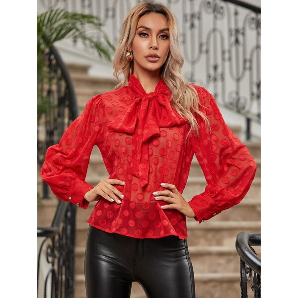 

Tie Neck Sheer Chiffon Blouse, Red