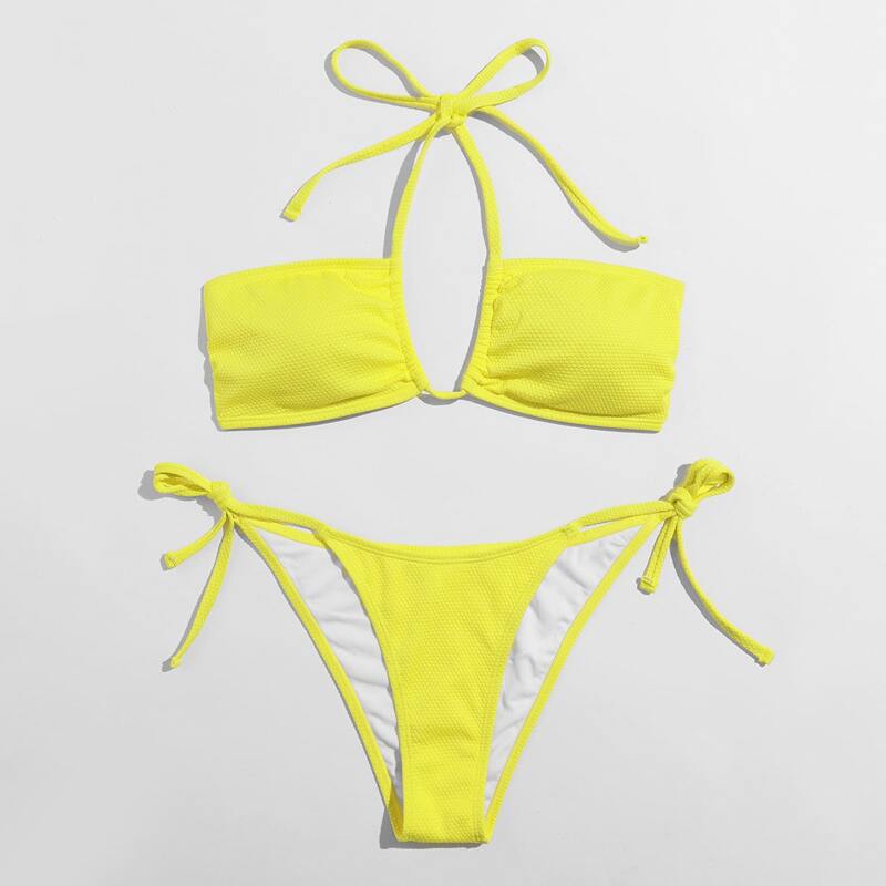 

Halter Tie Side Bikini Swimsuit, Yellow
