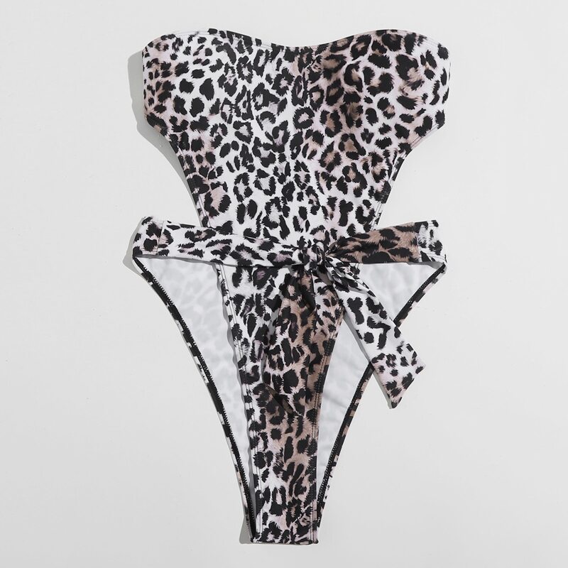 

Leopard Belted High Leg One Piece Swimsuit, Multicolor
