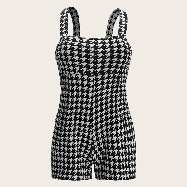 

Plus Houndstooth Print Pinafore Romper, Black and white
