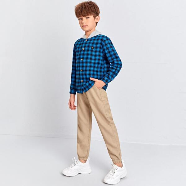 

Boys Dinosaur Embroidery Contrast Hooded Plaid Shirt & Pants Set, Multicolor