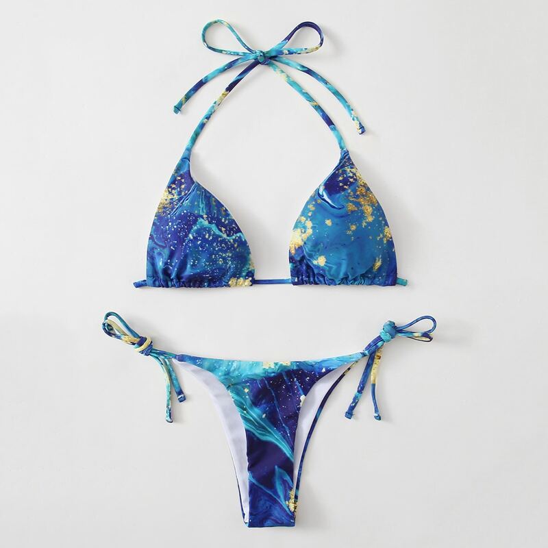 

Graphic Tie Side Thong Bikini Swimsuit, Blue