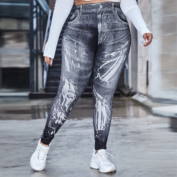 

Plus Graphic Print High Waisted Jeggings, Grey