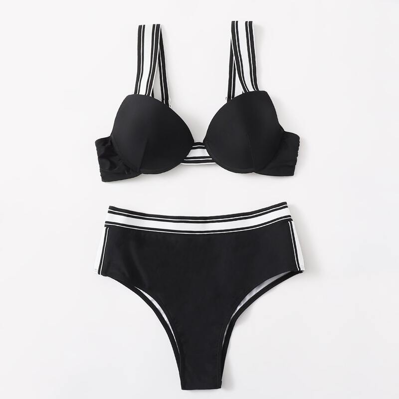 

Stripe Tape Push Up Bikini Swimsuit, Black