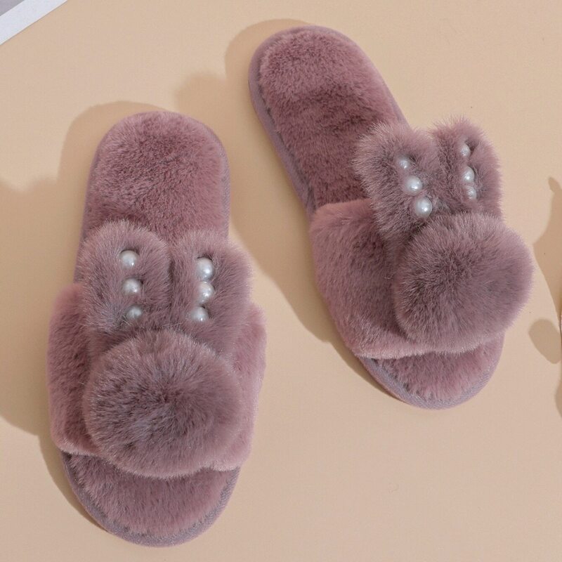 

Faux Pearl Rabbit Ear Fluffy Slippers, Mauve purple