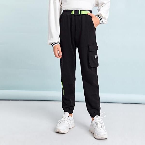 

Boys Push Buckle Belt Patched Detail Pocket Side Pants, Black