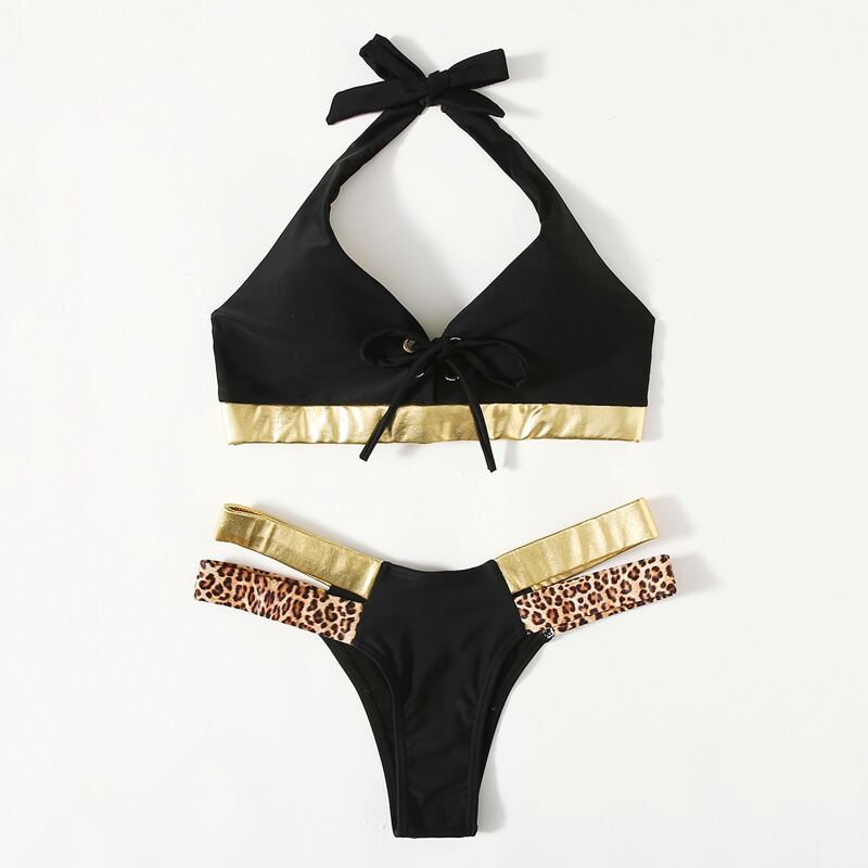 

Leopard Lace-up Halter Bikini Swimsuit, Multicolor